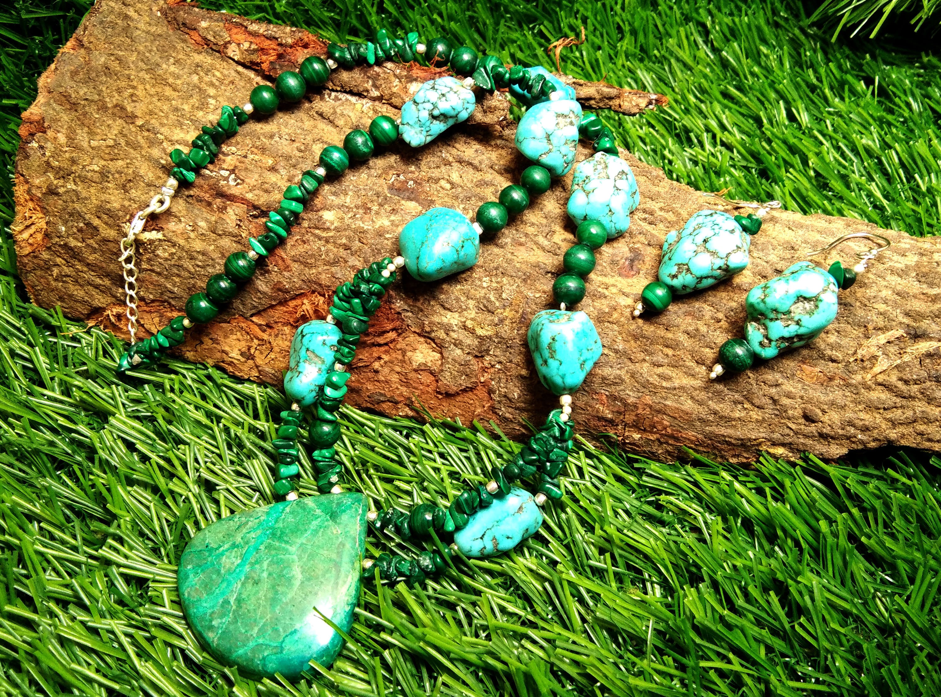 100% Natural Turquoise/Chrysocolla/Malachite Gemstone Necklace, Turquoise 925 Starling Silver Jewelry Stone Size 38x36mm to 15x12mm Necklace